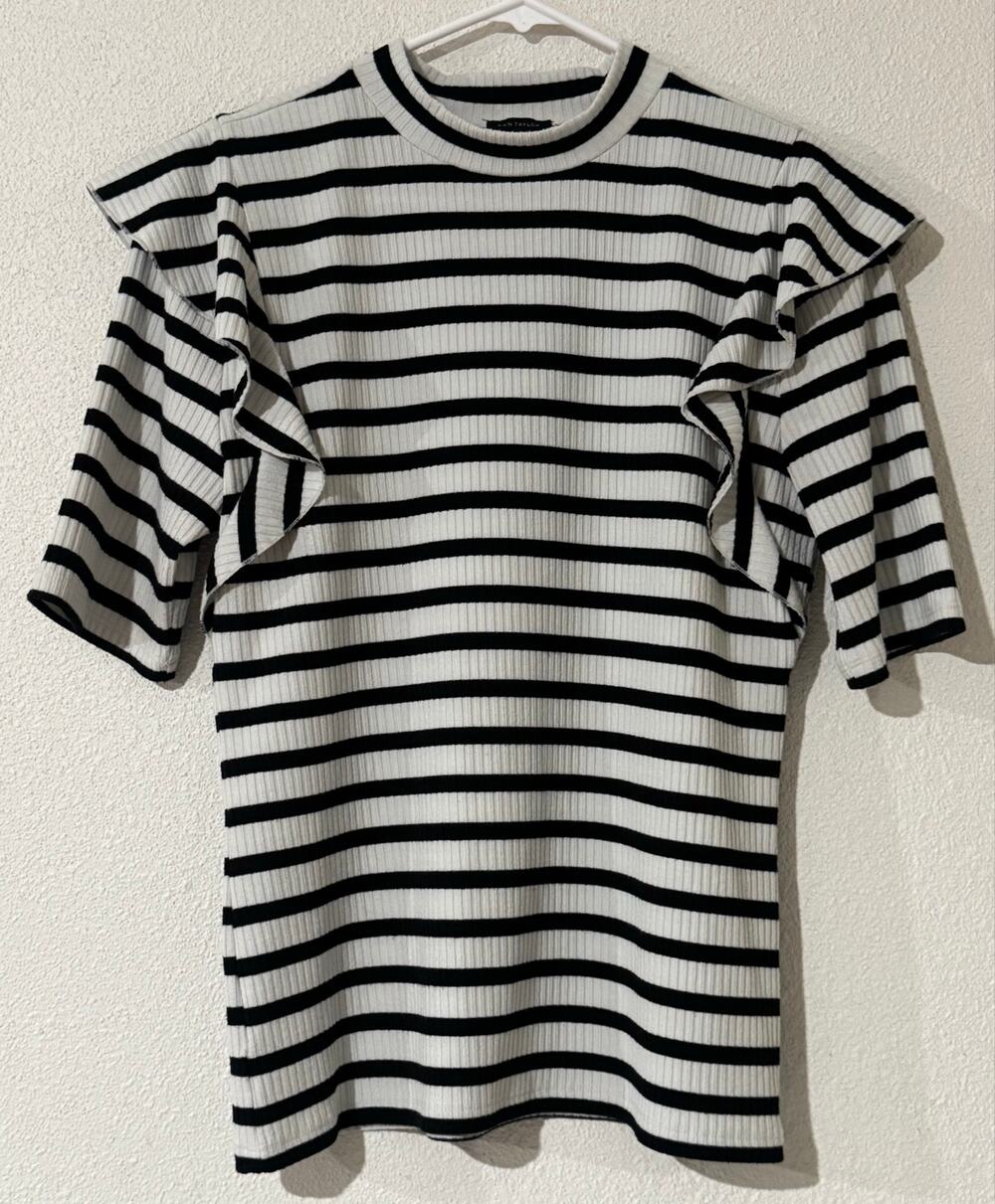 Ann Taylor Striped Ruffle Ribbed Knit Mock Neck Top Black White SP24 Workwear